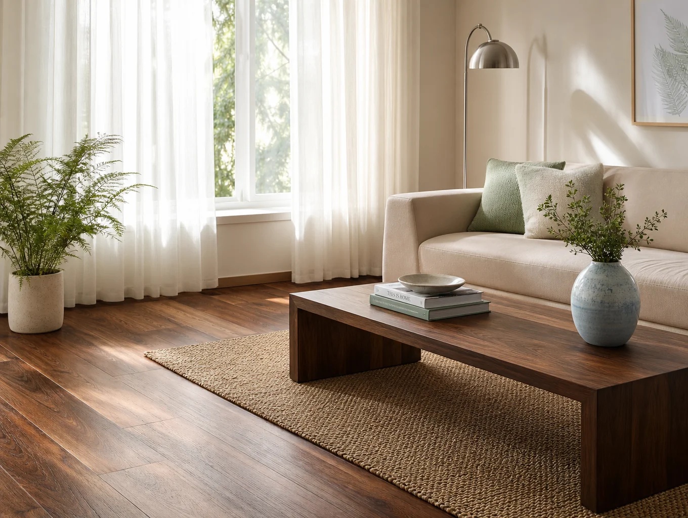Bright modern residential living room with warm hardwood floors and neutral furnishings